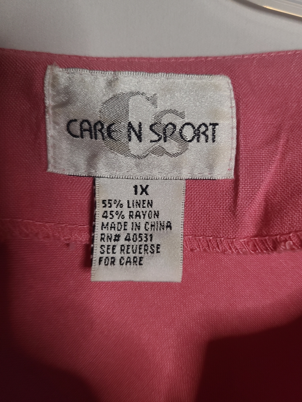 Caren Sport Linen Blend Asymmetric Tunic Pink Bell Sleeve Plus Size 1X - Picture 2 of 10